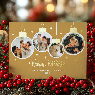 *REAL FOIL* Warm Wishes 4 Ornament Photos Foil Holiday Card