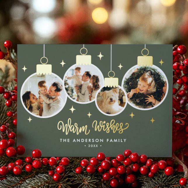 *REAL FOIL* Warm Wishes 4 Ornament Photos Foil Holiday Card (Creator Uploaded)