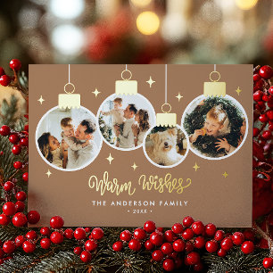 *REAL FOIL* Warm Wishes 4 Ornament Photos Foil Holiday Card