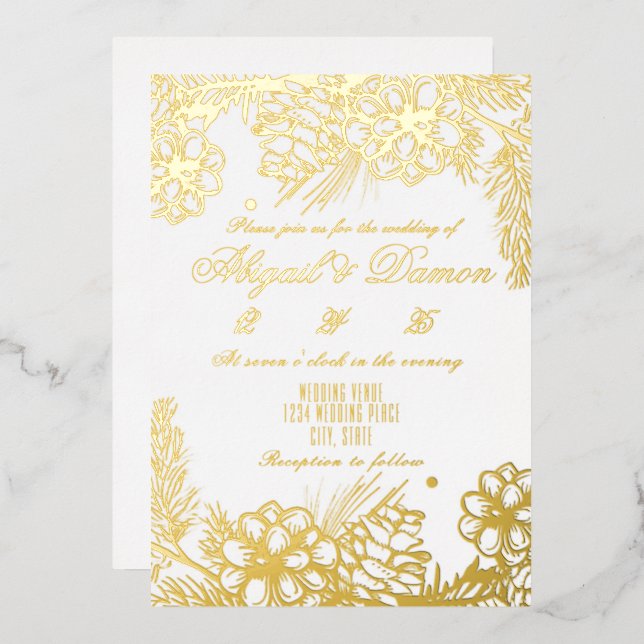 real foil wedding invitation with winter elements (Front/Back)