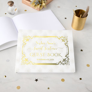 Real Foil White Gold Art Deco Sweet 16th Birthday Guest Book