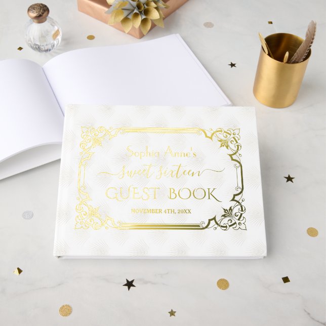 Real Foil White Gold Art Deco Sweet 16th Birthday Guest Book (Front Open)