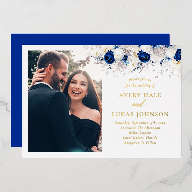 Real Gold and Royal Blue Flowers Photo Wedding (Front/Back)