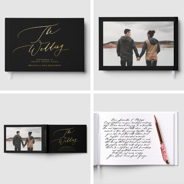 REAL GOLD | Black Modern Calligraphy Photo Wedding Guest Book (Creator Uploaded)