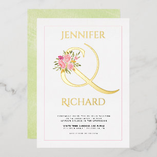 Real gold foil ampersand pink roses green wedding