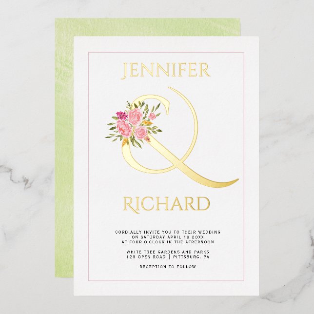Real gold foil ampersand pink roses green wedding (Front/Back)
