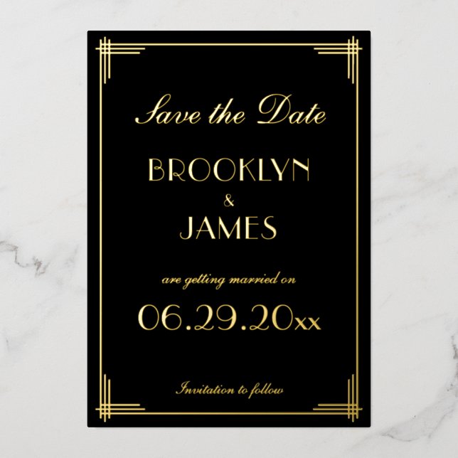 Real Gold Foil Art Deco Save The Date Cards (Front)