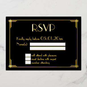 Real Gold Foil Art Deco Wedding RSVP Cards