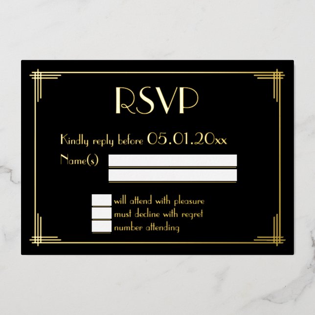 Real Gold Foil Art Deco Wedding RSVP Cards (Front)