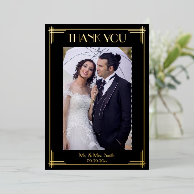 Real Gold Foil Art Deco Wedding Thank You (Standing Front)