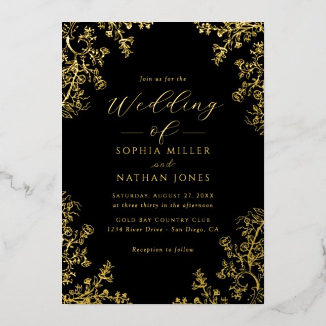 Real Gold Foil Black Floral Lace Script Wedding  (Front)