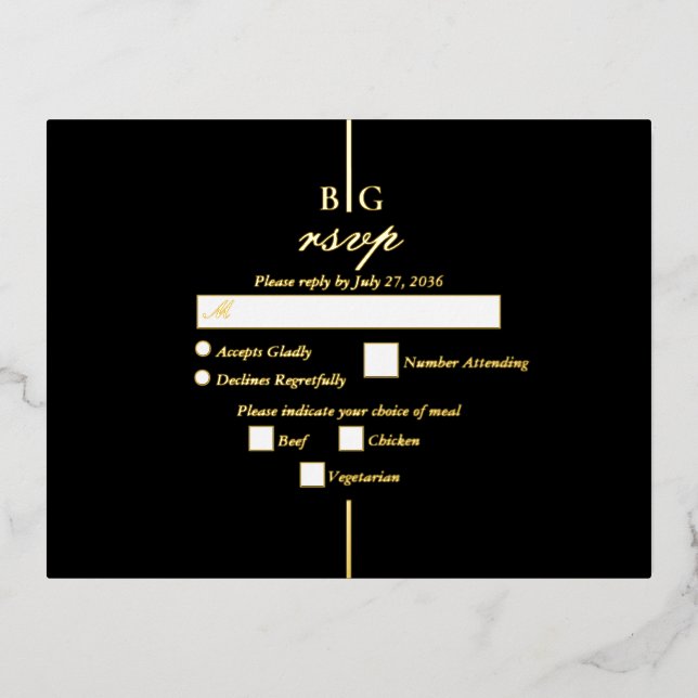 Real Gold Foil Black Monogram Wedding RSVP Foil Invitation Postcard (Front)