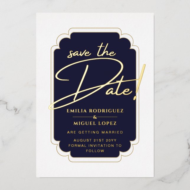 Real GOLD Foil Blue Save the Date Wedding (Front)