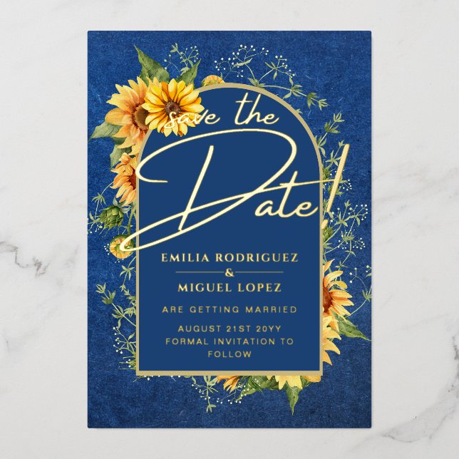 Real GOLD FOIL Blue Sunflowers Save Date Wedding (Front)