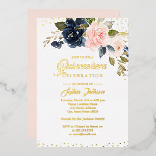 REAL GOLD FOIL Blush Pink Navy Floral Quinceanera