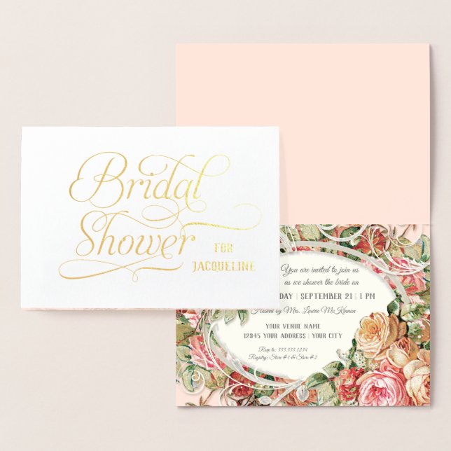 Real Gold Foil Bridal Shower English Tea Roses Card (Display)