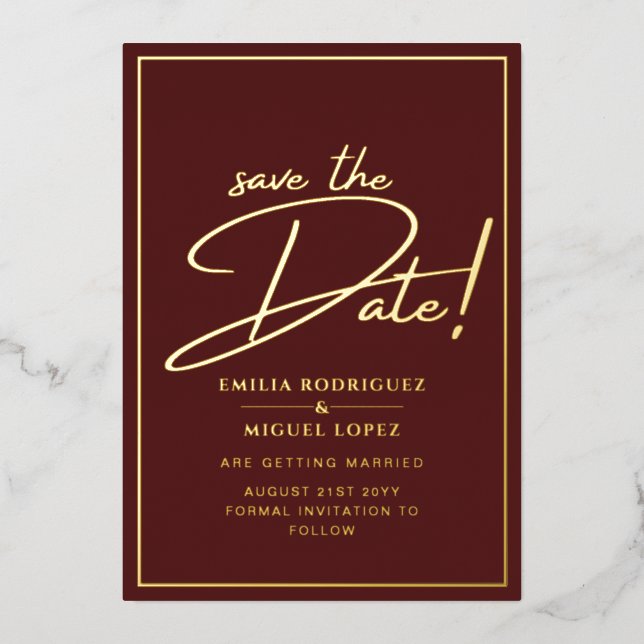 Real GOLD Foil Burgundy Save the Date Wedding (Front)