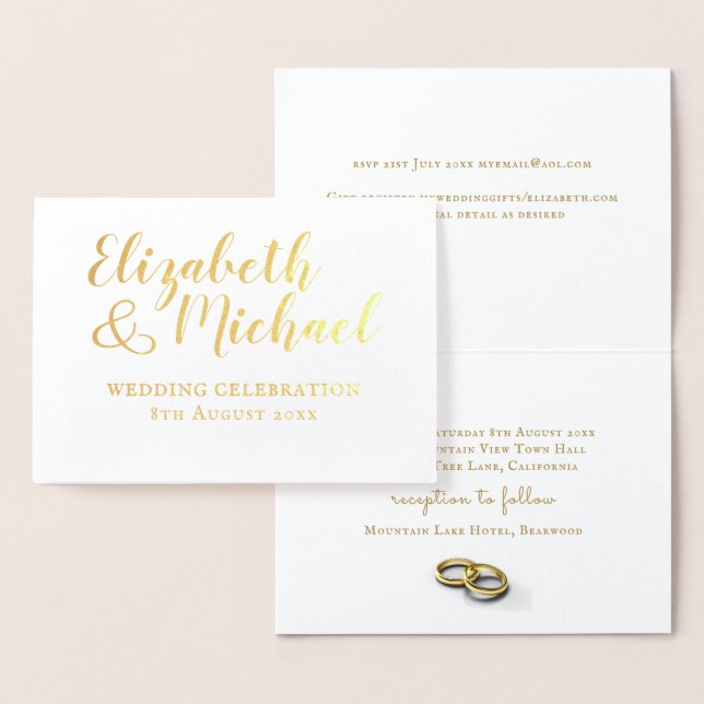 REAL GOLD FOIL classic white wedding invitations (Display)