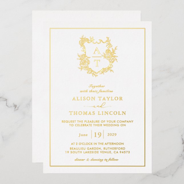 Real Gold Foil Crest Monogram Wedding (Front/Back)