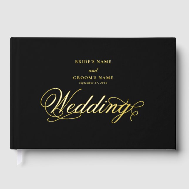 Real Gold Foil Elegant Classy Luxury Black Wedding Guest Book (Front)
