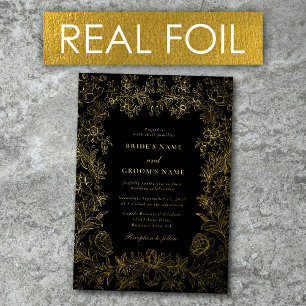 Real Gold Foil Elegant Floral Black Gold Wedding