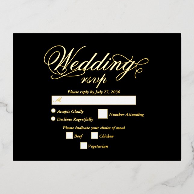 Real Gold Foil Elegant Luxury Black Wedding RSVP Foil Invitation Postcard (Front)