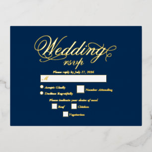 Real Gold Foil Elegant Luxury Blue Wedding RSVP Foil Invitation Postcard