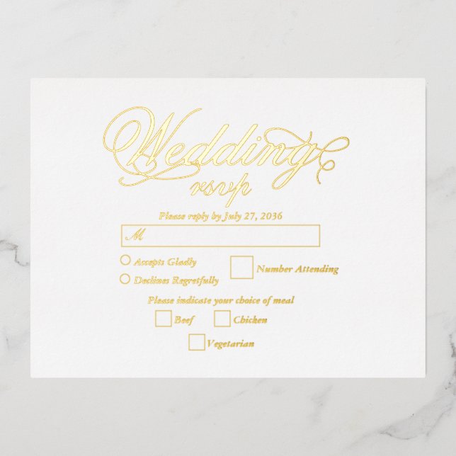 Real Gold Foil Elegant Luxury White Wedding RSVP Foil Invitation Postcard (Front)
