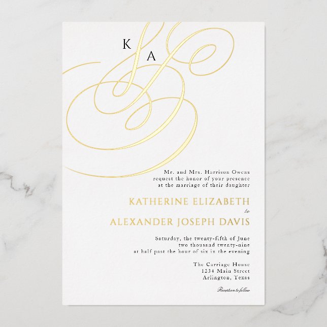 Real Gold Foil Elegant Monogram Wedding  (Front)