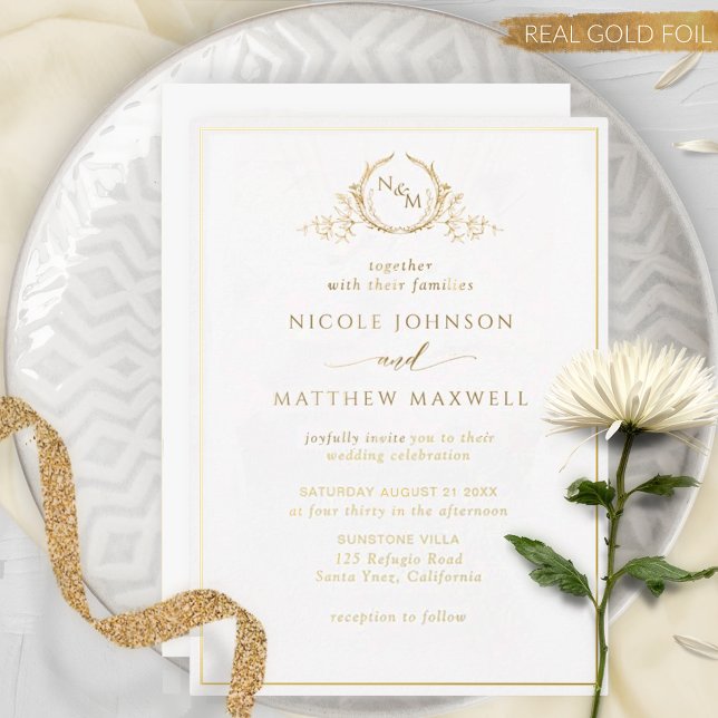 Real Gold Foil Elegant Monogram Wreath Wedding (Creator Uploaded)