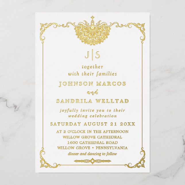 Real Gold Foil Elegant Wreath Monogram Wedding Foi (Front)