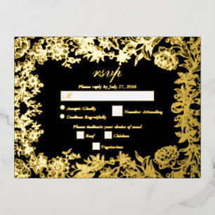 Real Gold Foil Floral Botanical Black Wedding RSVP Foil Invitation Postcard