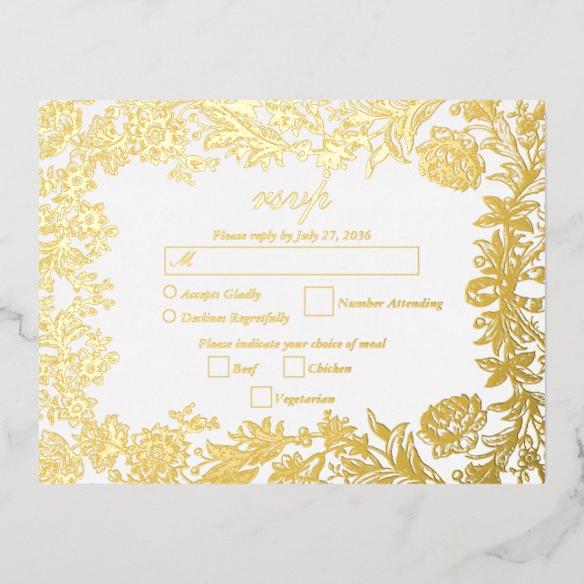 Real Gold Foil Floral Botanical Wedding RSVP Foil Invitation Postcard (Front)