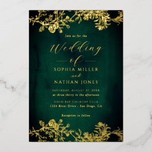 Real Gold Foil Floral Lace Script Emerald Wedding