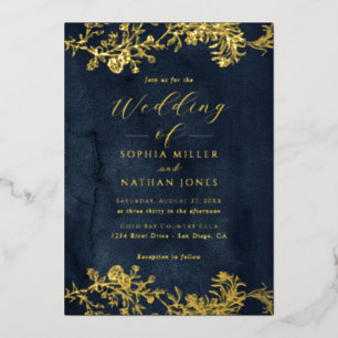 Real Gold Foil Floral Lace Script Navy Wedding
