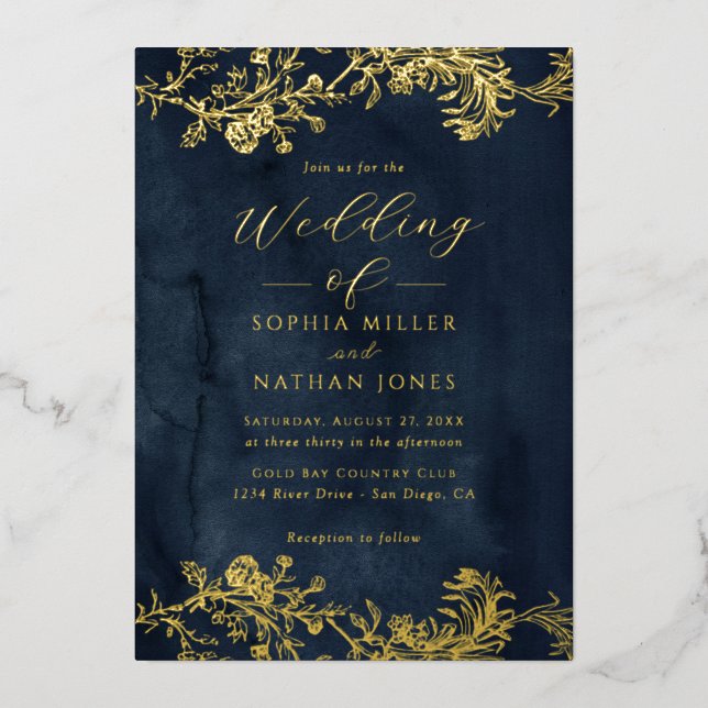Real Gold Foil Floral Lace Script Navy Wedding  (Front)