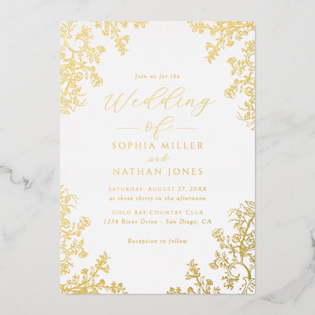 Real Gold Foil Floral Lace Script Wedding  (Front)