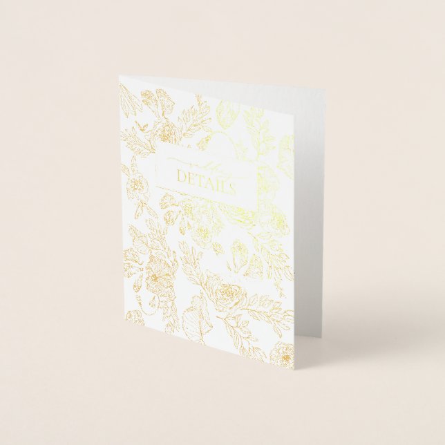 Real Gold Foil Floral Line Art Wedding Details Foil Card (Front)