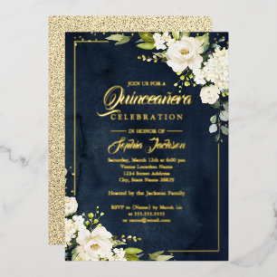 REAL GOLD FOIL Floral Navy Gold Quinceanera