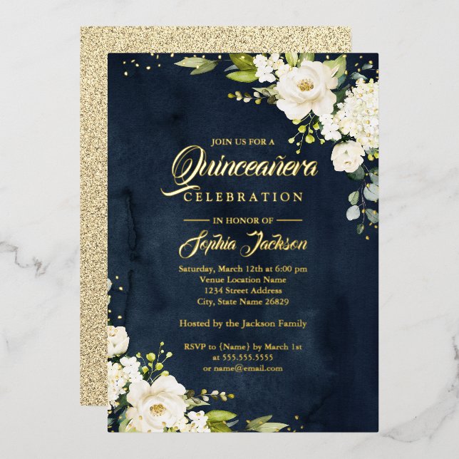 REAL GOLD FOIL Floral Quinceanera Gold Navy   (Front/Back)