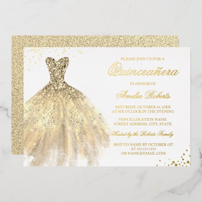 REAL GOLD FOIL Gold Sparkle Dress Quinceanera (Front/Back)