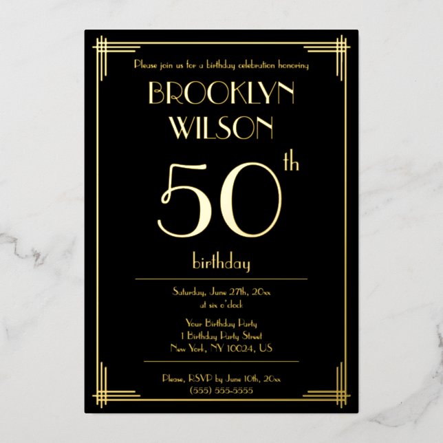 Real Gold Foil Great Gatsby Birthday Party Invites (Front)