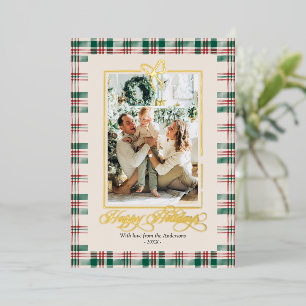 Real Gold Foil Happy Holidays Plaid Family Photo Holiday Card