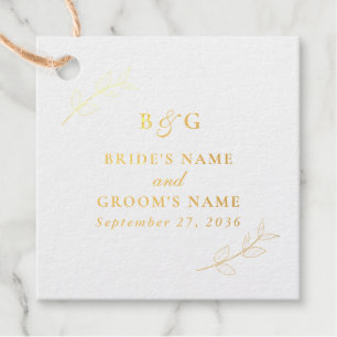 Real Gold Foil Leaves Elegant Monogram Wedding Favour Tags