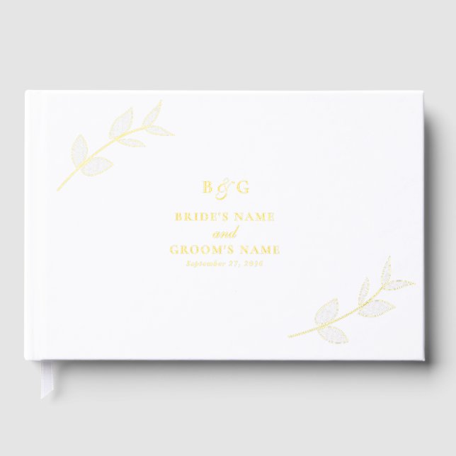 Real Gold Foil Leaves Elegant Monogram Wedding Guest Book (Front)