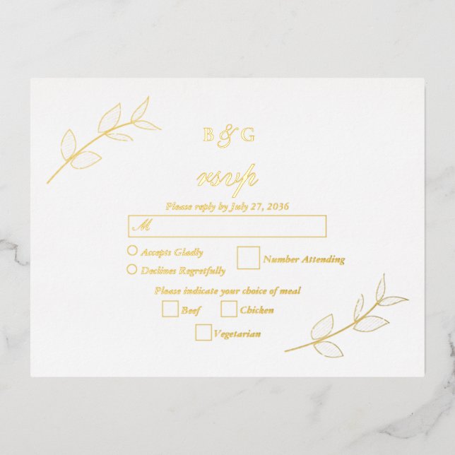 Real Gold Foil Leaves Elegant Wedding RSVP Foil Invitation Postcard (Front)