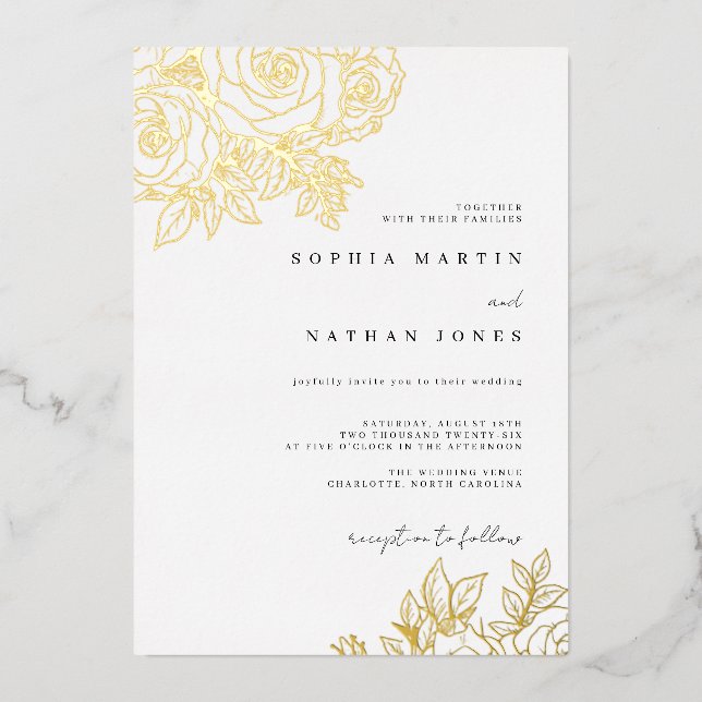 Real Gold Foil Lush Rose Wedding  (Front)