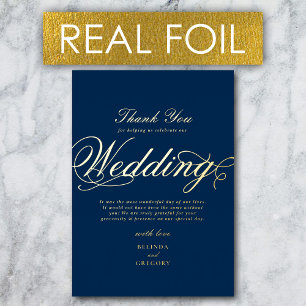 Real Gold Foil Luxury Navy Blue Wedding Thank You