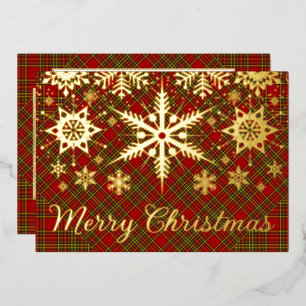 REAL Gold Foil Merry Christmas Snowflakes on Plaid Foil Holiday Card