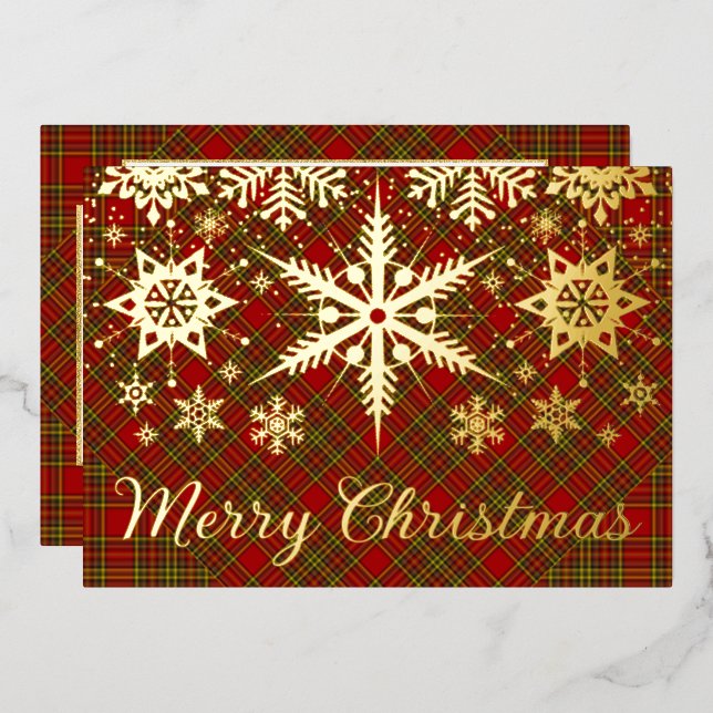 REAL Gold Foil Merry Christmas Snowflakes on Plaid Foil Holiday Card (Front/Back)